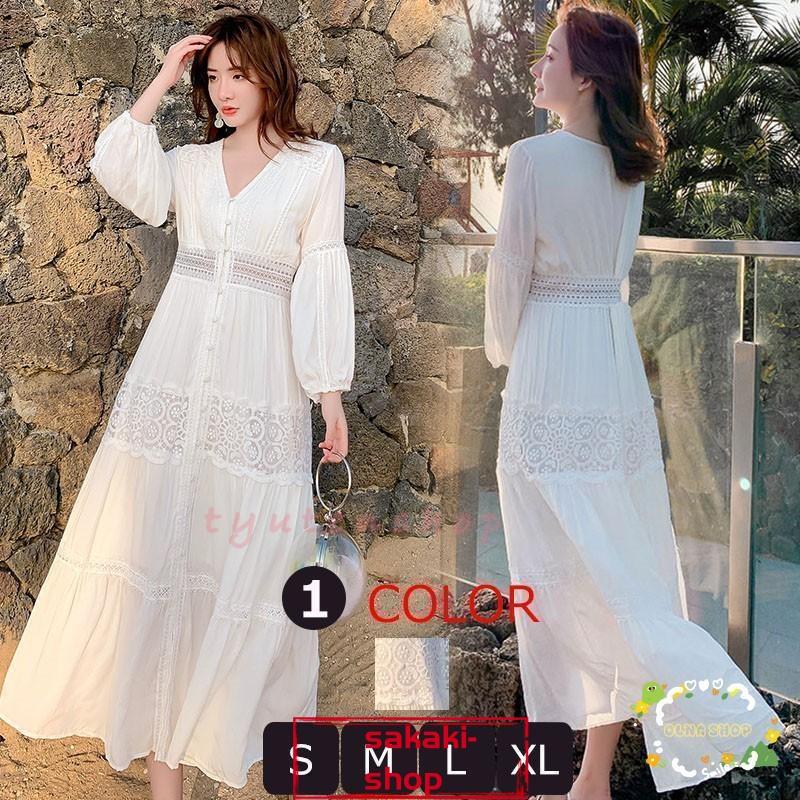 ロングビーチワン 白ワンレディース リゾート ビーチ ハワイ レース フレア 九分袖 Vネック20代30代40代 夏旅行におすすめ お遊び2025