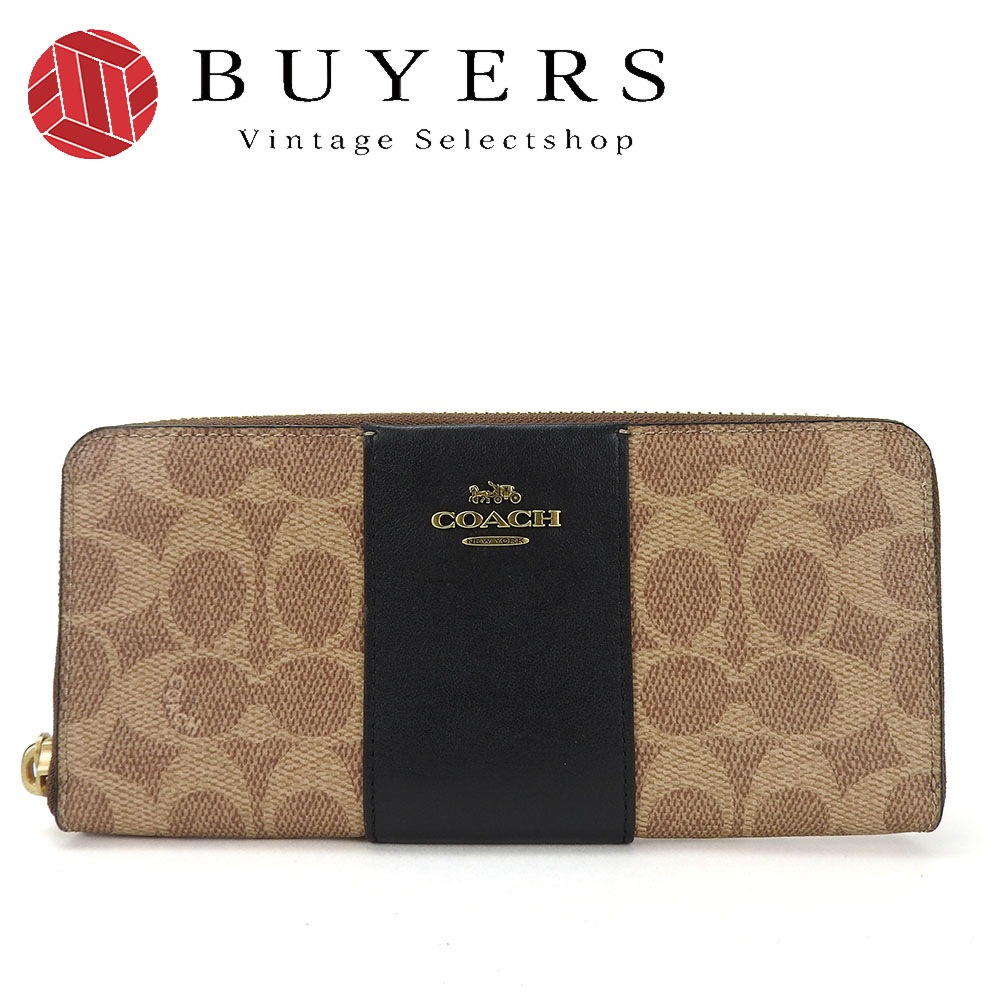 中古 コーチ ラウンドファスナー 長財布 シグネチャー PVC 73739 タン ブラック ブラウン レザー 革 レディース 女性 シンプル coach wallet