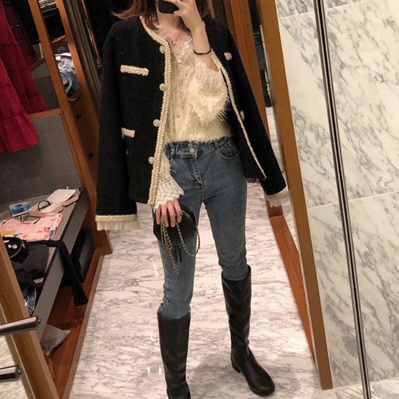 レディース ジャケット ツイード ツイードジャケット バイカラー きれいめ フェミニン フォーマル