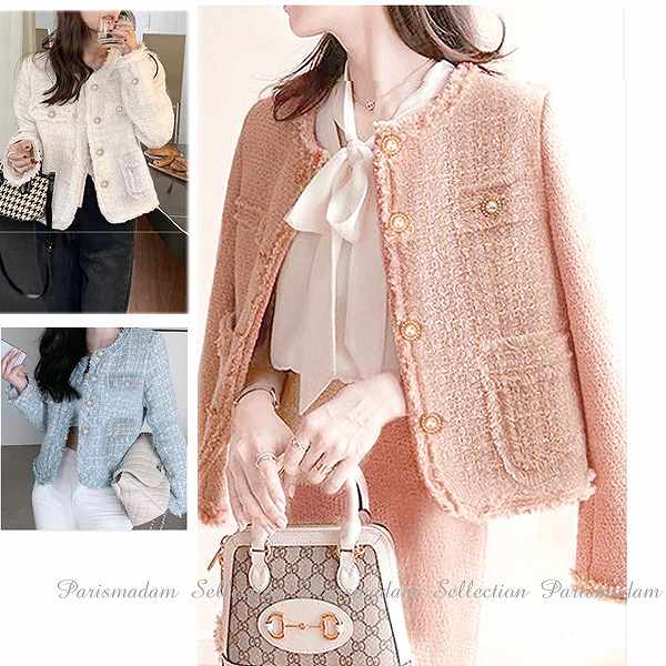 【今季トレンド】ノーカラージャケット　ツイード　ピンク フォーマル　入学式　七五三　パーティー　セレモニー　結婚式　SからXL