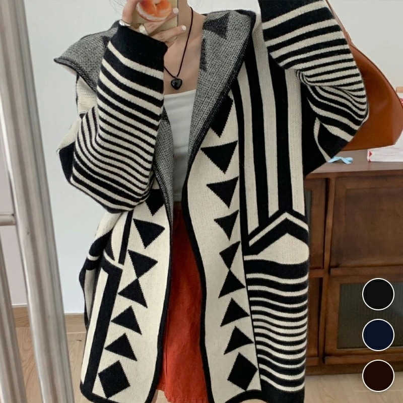 カーディガン ニットカーディガン ロングカーディガン 幾何学模様 フード付き 帽子 コート ニット セーター トップス レディース 長袖 春 秋 冬 防寒 大人 ジャケット アウター 羽織り 通勤 オ