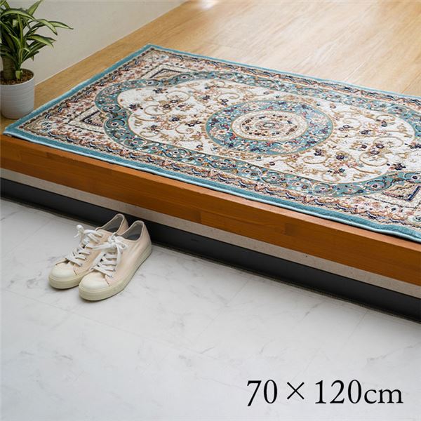 玄関 マット トルコ製 ウィルトン 織り クラシカル柄 エレガンス柄 上品 ヒートセット加工 立体感 高目付 肌触り柔らか 抗菌防臭 消臭 丈夫 ベッドサイド用 約70x120cm ブルー