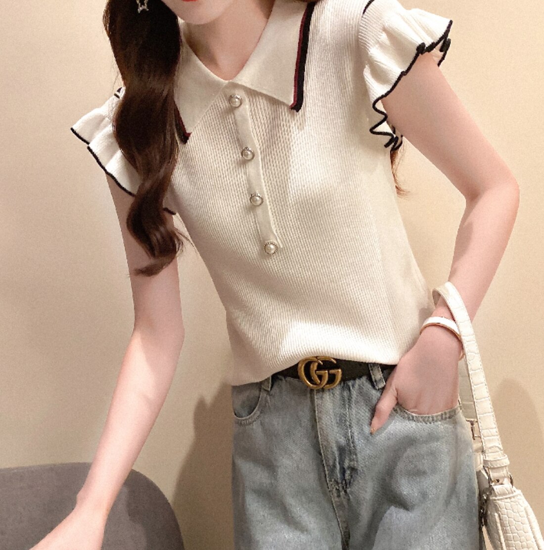 トップス デート かわいい 大人可愛い きれいめ シンプル カジュアル 大人 上品 おしゃれ お洒落 フリル ニット 半袖 ポロシャツ 襟付き パールボタン スリム 韓国 グリーン Fサイズ モテ
