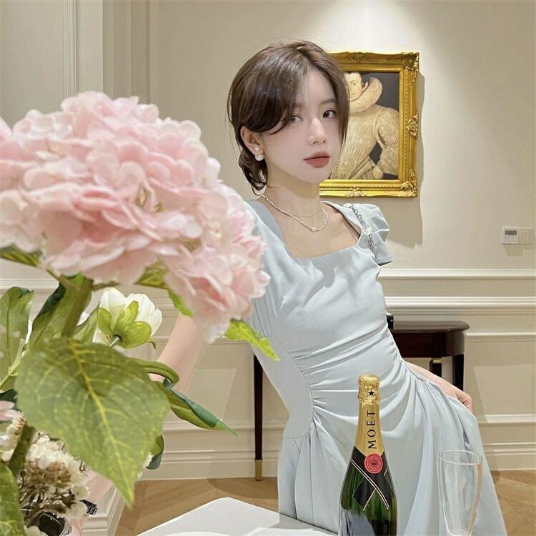 韓国ファッション ドレス 角襟ワンピース ギャザリング 半袖ワンピース