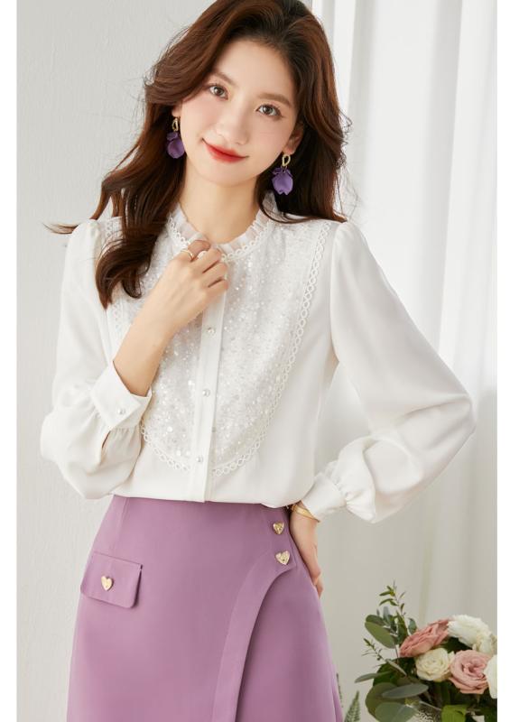 シフォンシャツ ブラウス レディース 秋 上品 女性 カジュアル フリル 長袖 シングルブレスト スタンドカラー 通勤 オフィス 薄手 軽量 柔らかい トップス スリムフィット お腹カバー