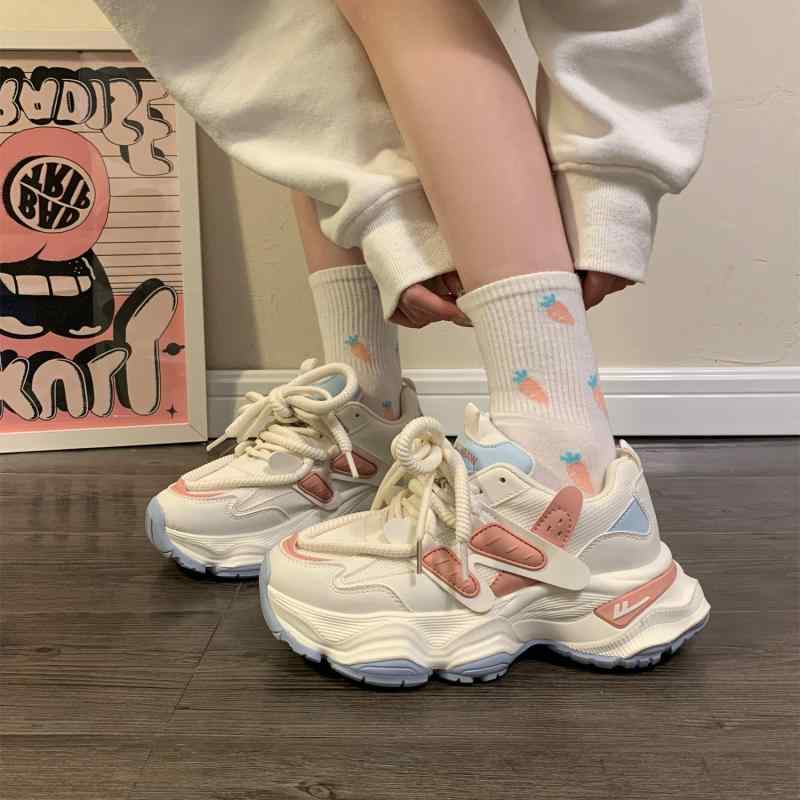 ダッドスニーカー 女性用 多用途 レースアップ ボーダー きれいめ かわいい スポーツ カジュアルシューズ 学校 通学 お出かけ 女子会 運動靴 春 秋 厚底 ピンクブルー カーキ シルバーパウダー