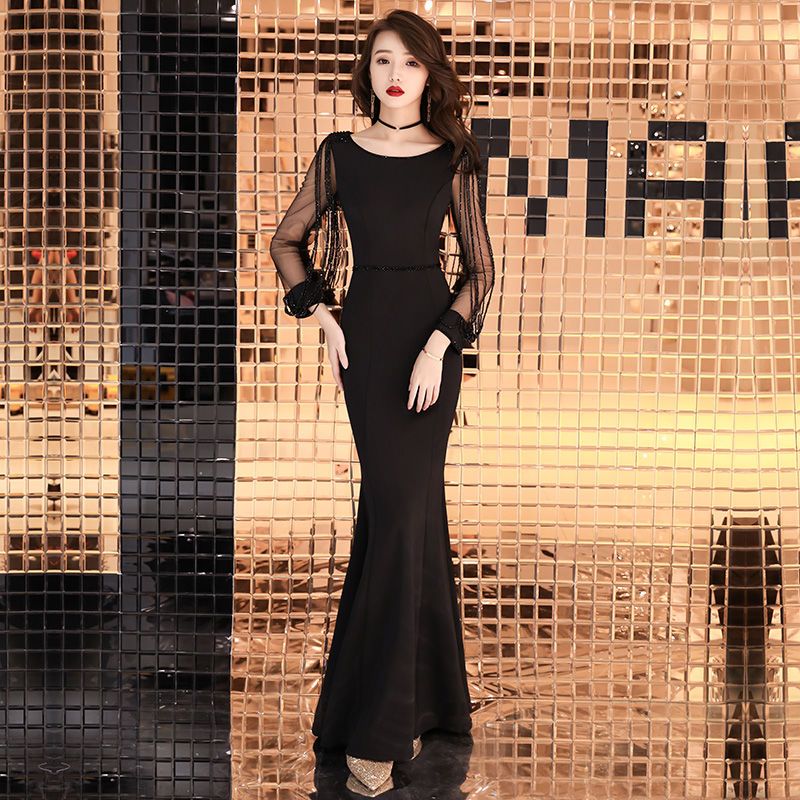 女性用長袖イブニングドレス宴会気質ブラックロング重工業テールスリムホストエレガント
