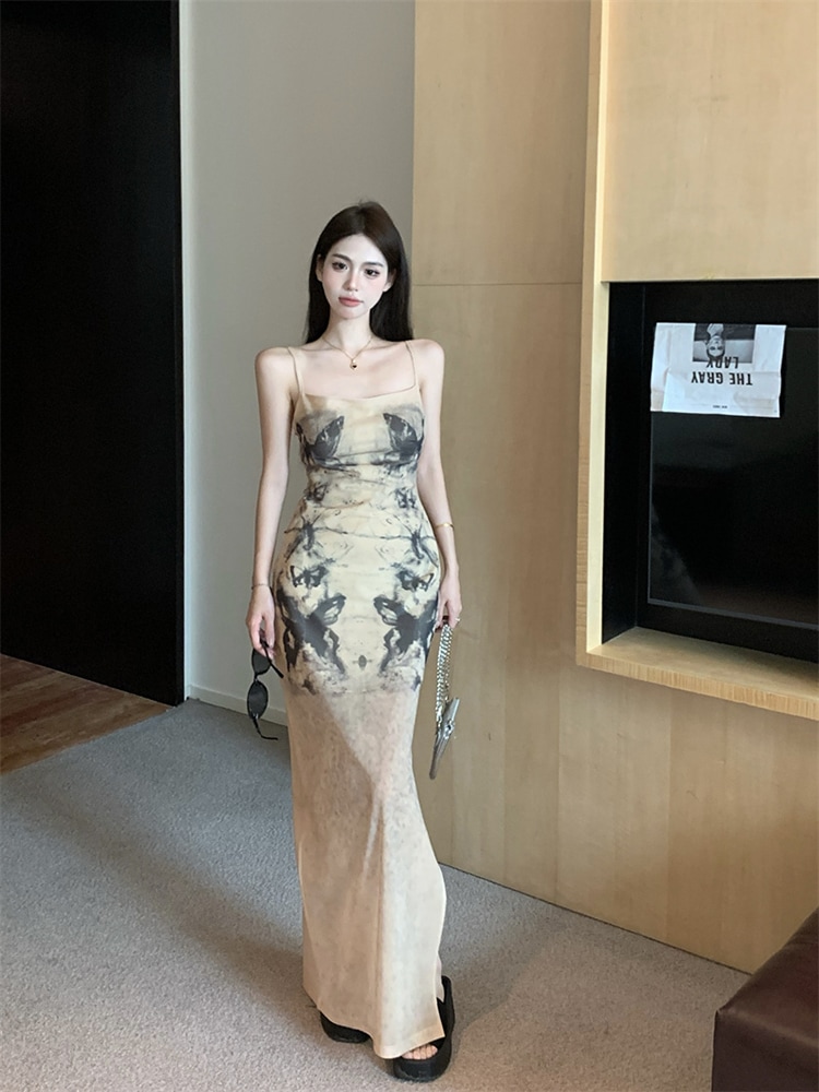 女性用フランス絞り染めプリントサスペンダードレス夏の気質ウエスト痩身ホットガールセクシーヒップハグaラインロングスカート