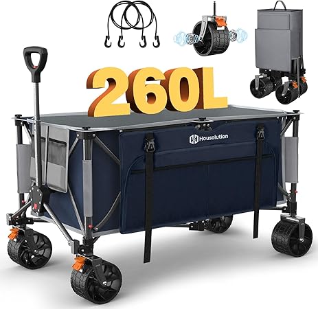 大容量260L 耐荷重200kg アウトドアワゴン 折り畳み式キャンプカート ワンタッチ収束式 自立収納 静音 キャンプ/砂浜/釣り/引越し/買い物/ゴミ出し 収納カバー付き