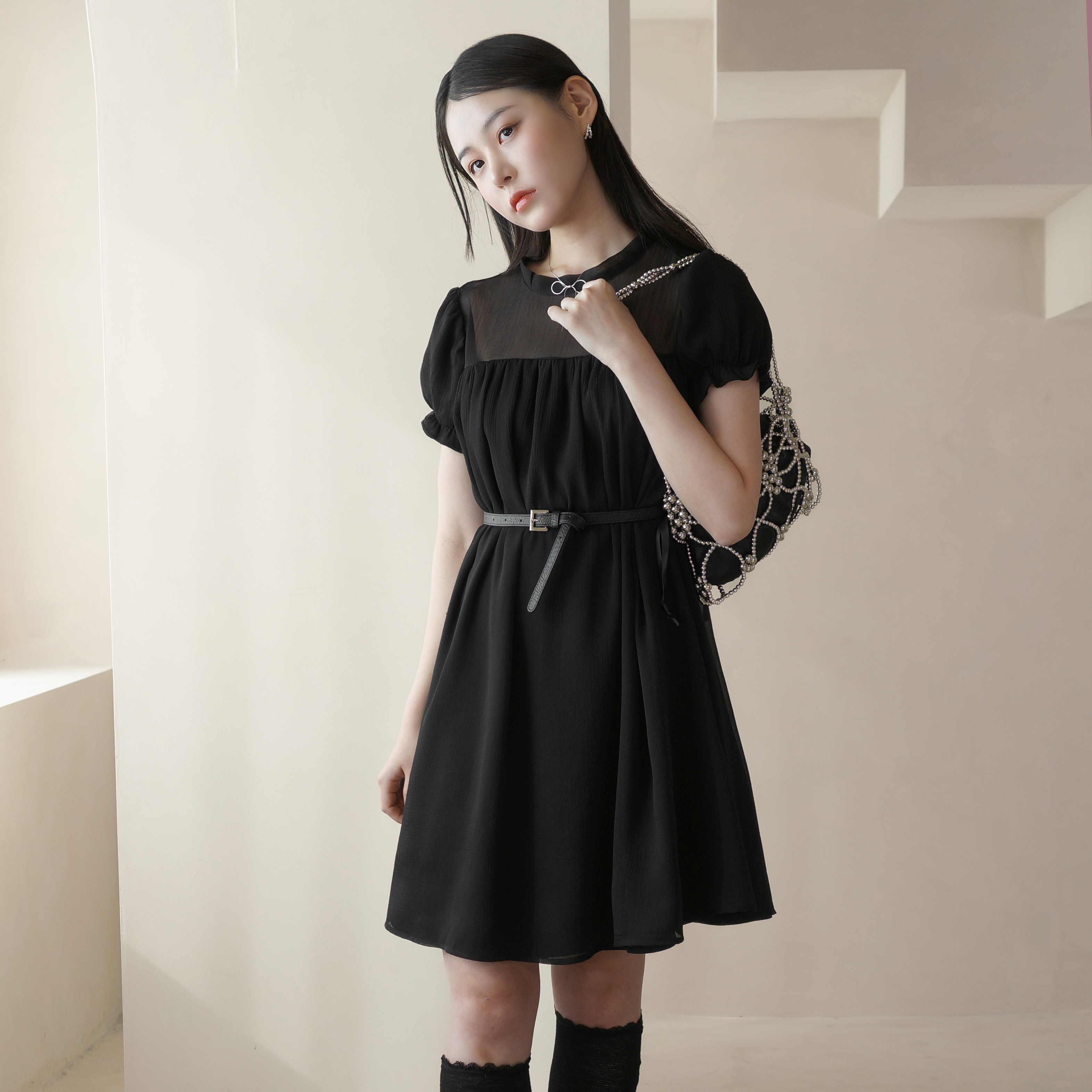 Sheer ribbon dress(2color)