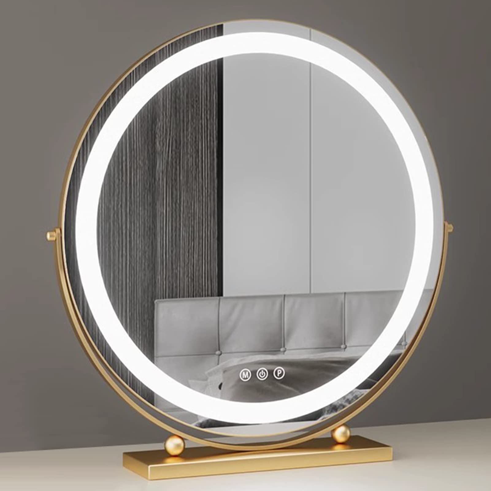 化粧鏡 40 cm 大きい ミラー メイクミラー デスクトップ ミラー 角度360調整 金属フレーム 卓上鏡 女優ミラー 3色調光 LED 照明付き ハリウッドミラー 丸型