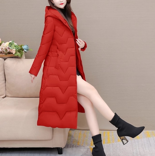 レディース ジャケット パーカー 上着 ダウン 前開き マキシ 丈長 長袖 襟付き スリム 細身 ふっくら ファスナー ポケット ハイウエスト コンサバ 厚手 中綿 ベルト付き きれいめ シンプル