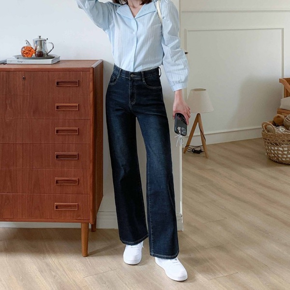 (Jinmania) ダークブルーヒドゥンバンディングセミワイドデニムパンツ