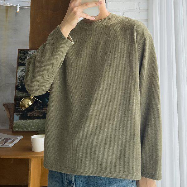 メンズベーシックリブ編みラウンド長袖Tシャツ 5C-TSA-Q117-カーキ