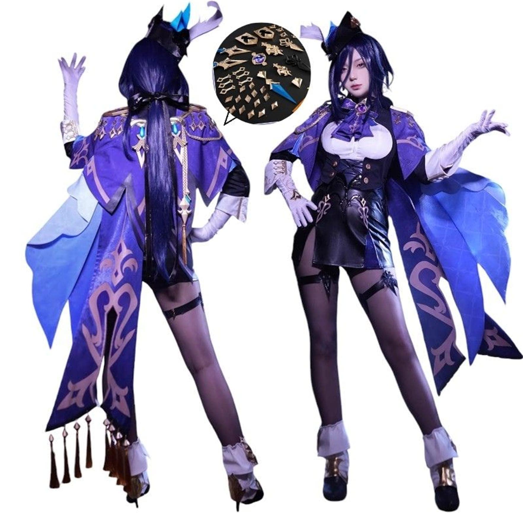 原神コスプレ クロリンデ　コスチューム　1:1金属パーツ　金属神の目　ウィッグ付　銃の武器レプリカ　イヤリング付　帽子付　制服　ハロウィン　フォンテーヌ廷　Clorinde