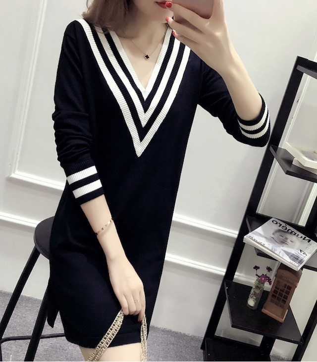 2カラー 大人可愛い 深Vネック ニット ワンピース 可愛い 大人きれい カジュアル 大人カジュアル フェミニン お出かけ 女子会 デート ママコーデ 着回し 韓国ファッション 膝上 長袖