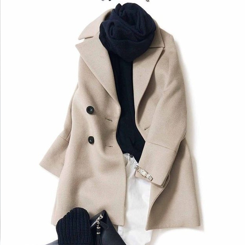 【人気高い】 おしゃれ度高め着回し力折り襟ダブルブレスト無地コート