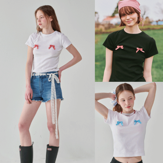 【RONRON】24SS REAL GINGHAM RIBBON SLIM CROP T Ronron Gingham Double Ribbon Slim Crop T Shirt Black Red