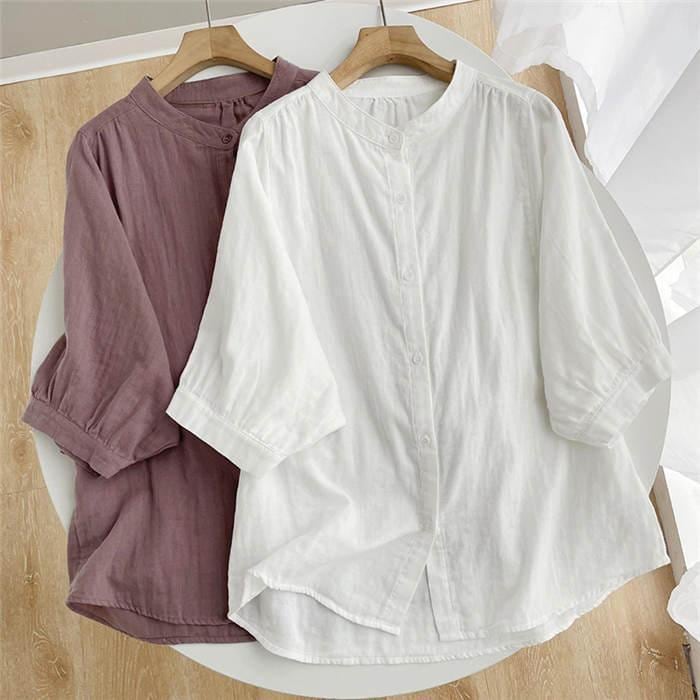 ガーゼ シャツ スリーブ 2重ガーゼ シャツブラウス レディース 5分袖 バンドカラー トップス 春 夏 チュニック 羽織り 重ね着 大人 カジュアル ナチュラ