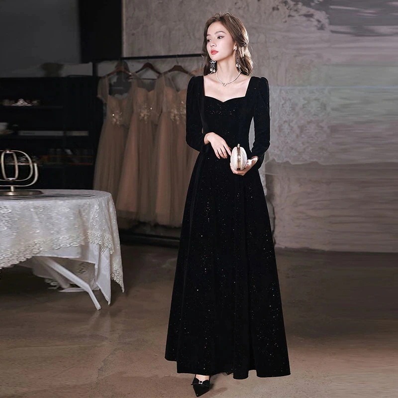 24 ドレス 女性のためのフランスのイブニングドレス 芸術試験黒ベルベット長袖ドレス次総会ホストドレス