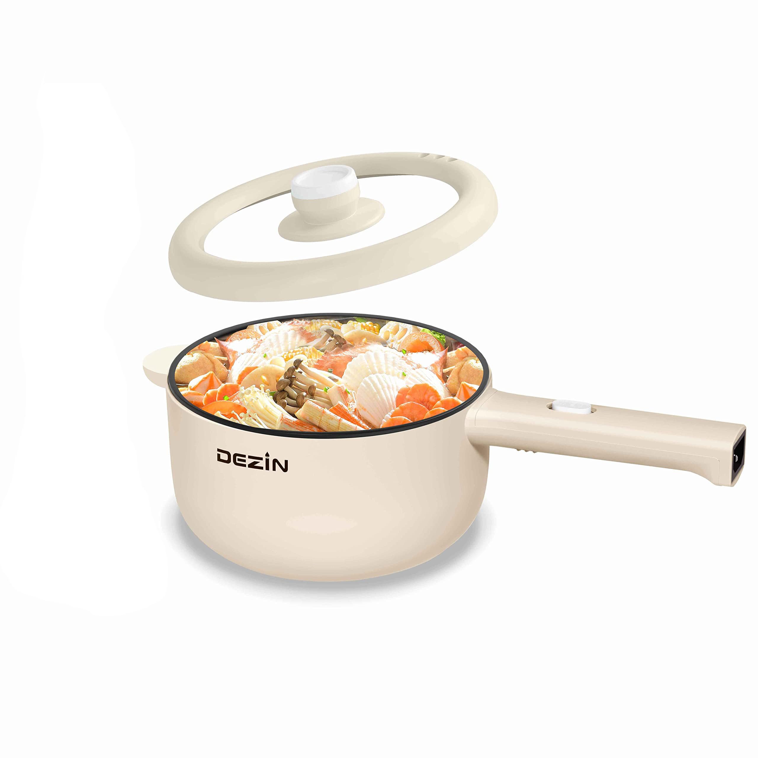 DEZIN 一人用卓上電気鍋兼電気フライパン 2L 片手操作 無粘着コーティング 2 段火力調節 ラーメン/パスタ/天ぷら向け カー・野外・旅行携帯