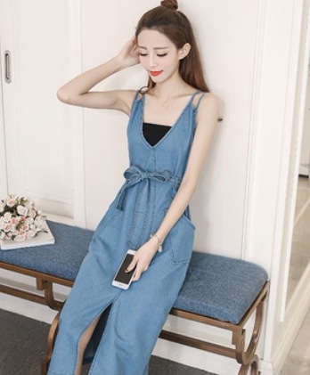 デニムジャンバースカート ロング丈 袖あり 綿 デニム 爽やか 大人スタイル 大人可愛い きれいめ シンプル カジュアル 大人 上品 おしゃれ かっこいい レトロ アジアン 大人可愛い 大人女子