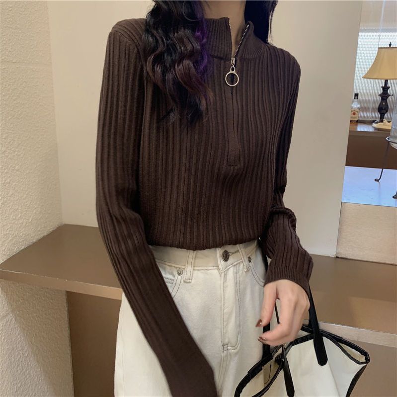Tシャツカットソー 厚手 ファスナー 新作 アンダーウェア 長袖 レディーストップス 韓国ファッション ニット ベーシックニット ニットウェア 秋冬に着たい ポロ襟ニット