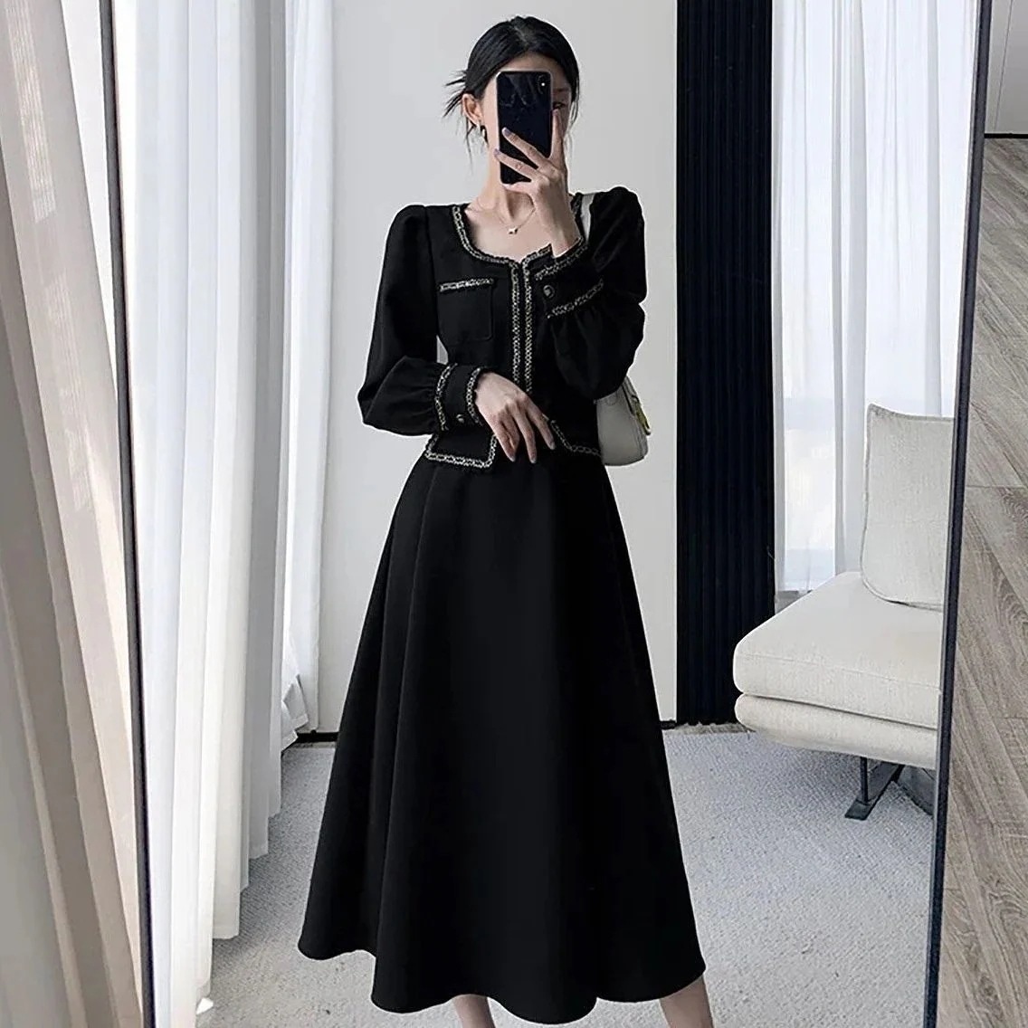 ワンピースドレス長袖ロングマキシ丈ワンピニット ワンピース 高級感 ワンピース 小香風 韓国ファッション 秋服 フェイクレイヤード 長袖 気質 大きいサイズ ロング