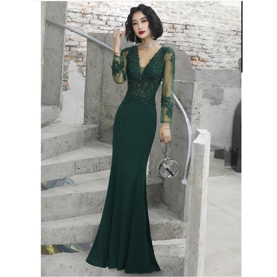 パーティードレス ロング丈ドレス 上品 マーメイドドレス 袖あり 結婚式 ウエディングドレス フォー