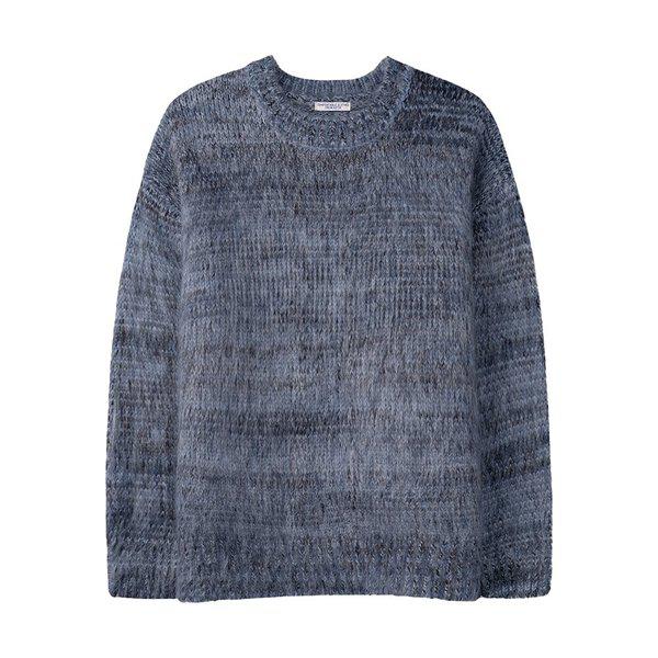 メンズ オーバーサイズ ぼかし ラウンド ウール 長袖 ニットTシャツ AS-KN-Q020-グレー