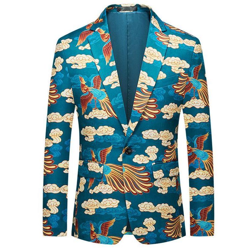 今月の新商品 メンズスーツジャケット　ハロウィンChristmas鳳凰柄コート　派手なステージ演出服アウター　中華風　舞台ダンスウェア　団体服　発表会　カラオケジャケット　メンズスーツジャケット　ハロ