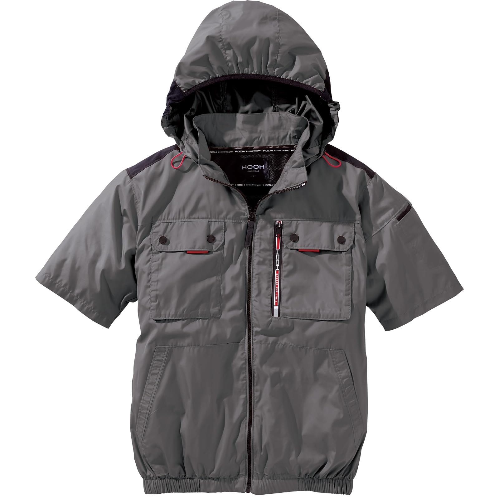 [武蔵野ユニフォーム] 村上被服 ミドルファン半袖フードジャケット V1127 快適ウェア 空調作業服 服のみ単品 ストラップ付き(73-チャコール L)