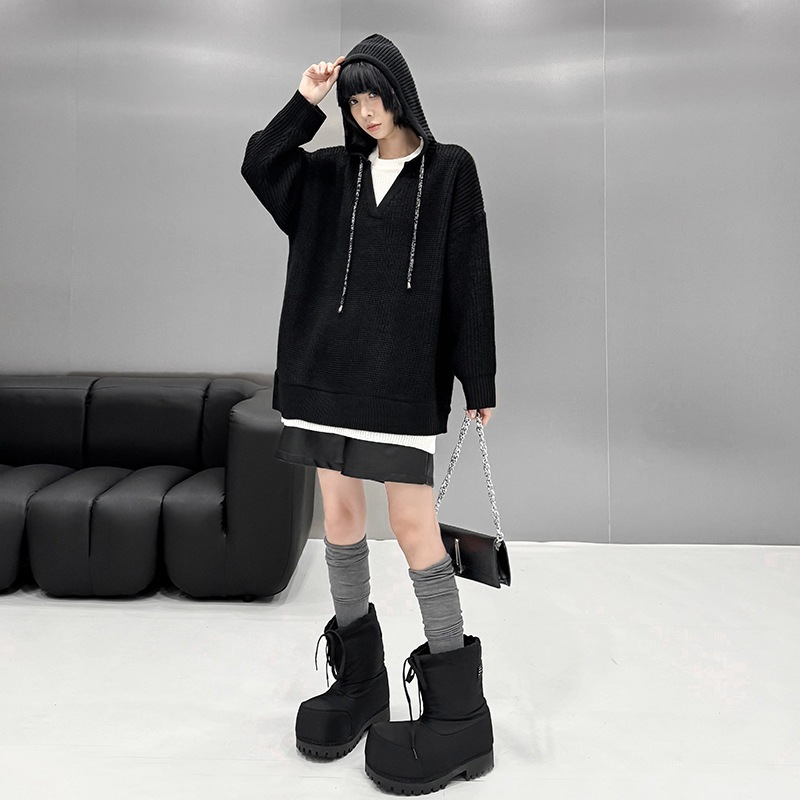 【J.Fashion】 黒白ドッキング レイヤード パーカー ニットパーカー おしゃれ レディース 関連商品購入可能 メガ割