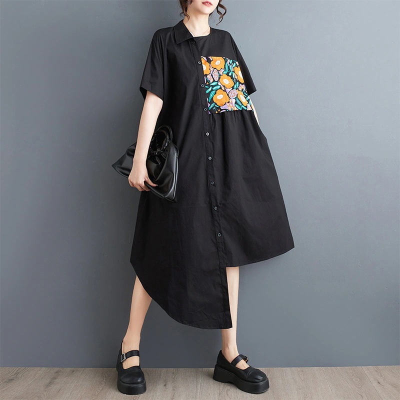 2024夏の新型ゆるい大きいサイズシャツワンピース 甘い半袖ロングワンピース