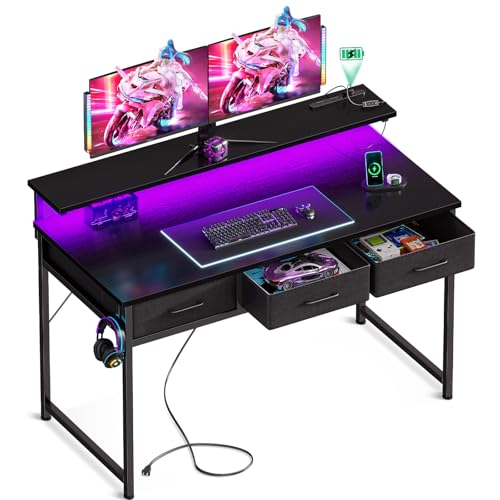 ゲーミングデスク パソコンデスク 引き出し付き 幅120cm コンセント LED付き ブラック