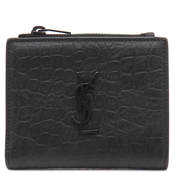 サンローラン SAINT LAURENT 二つ折り財布 ロゴプレート レザー ブラック ブラック金具 黒 コンパクト 529875【中古】 32,136円