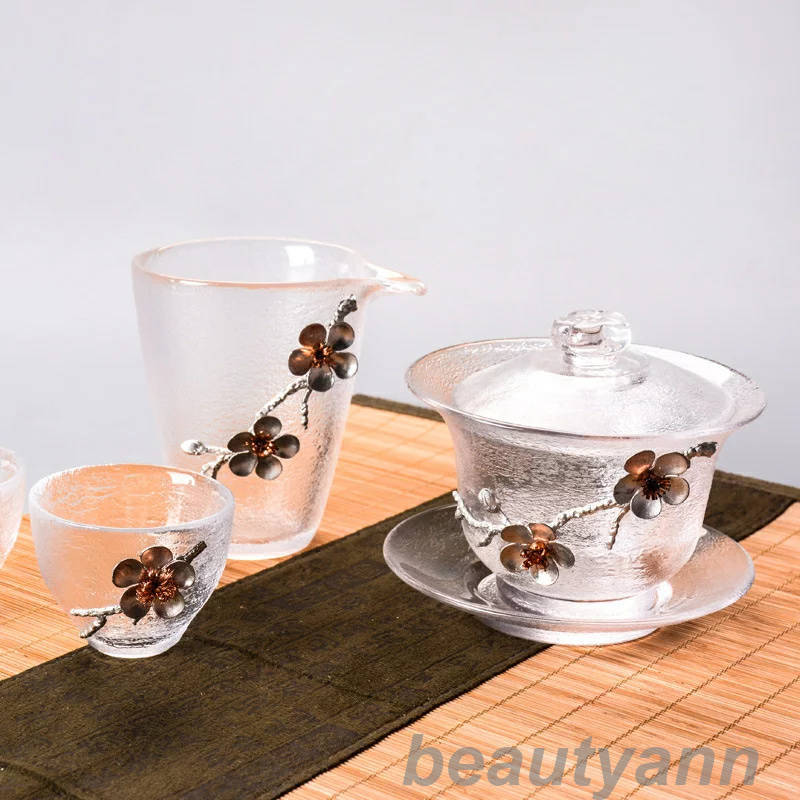 湯のみ ４個セット ガラス おしゃれ 茶器 湯呑 湯呑みセット来客用 夫婦 湯飲み 湯呑み 湯飲 湯のみ茶碗 お茶用品 湯呑 急須 湯呑みセット 梅の花 3d