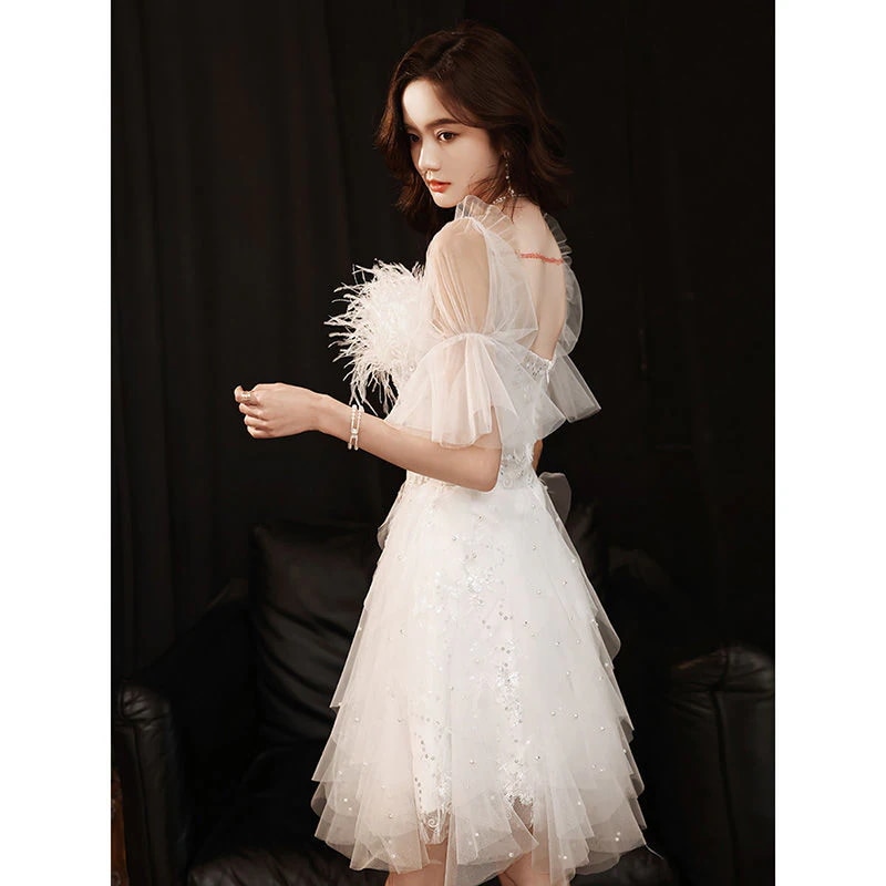 ホワイトドレスセクシー2025バースデーパーティーふくらのあるスカートエレガントバンケットスーパードレス