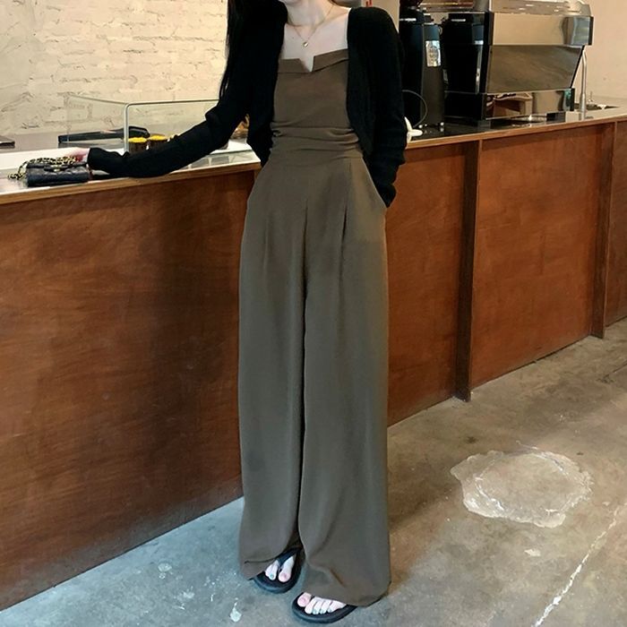 セットアップ オールインワン カーディガン S M 韓国 レディース オーバーオール サロペット ワイドパンツ ロング ロング丈 かわいい 大人可愛い カジュアル おしゃれ お洒落 かっこいい レトロ