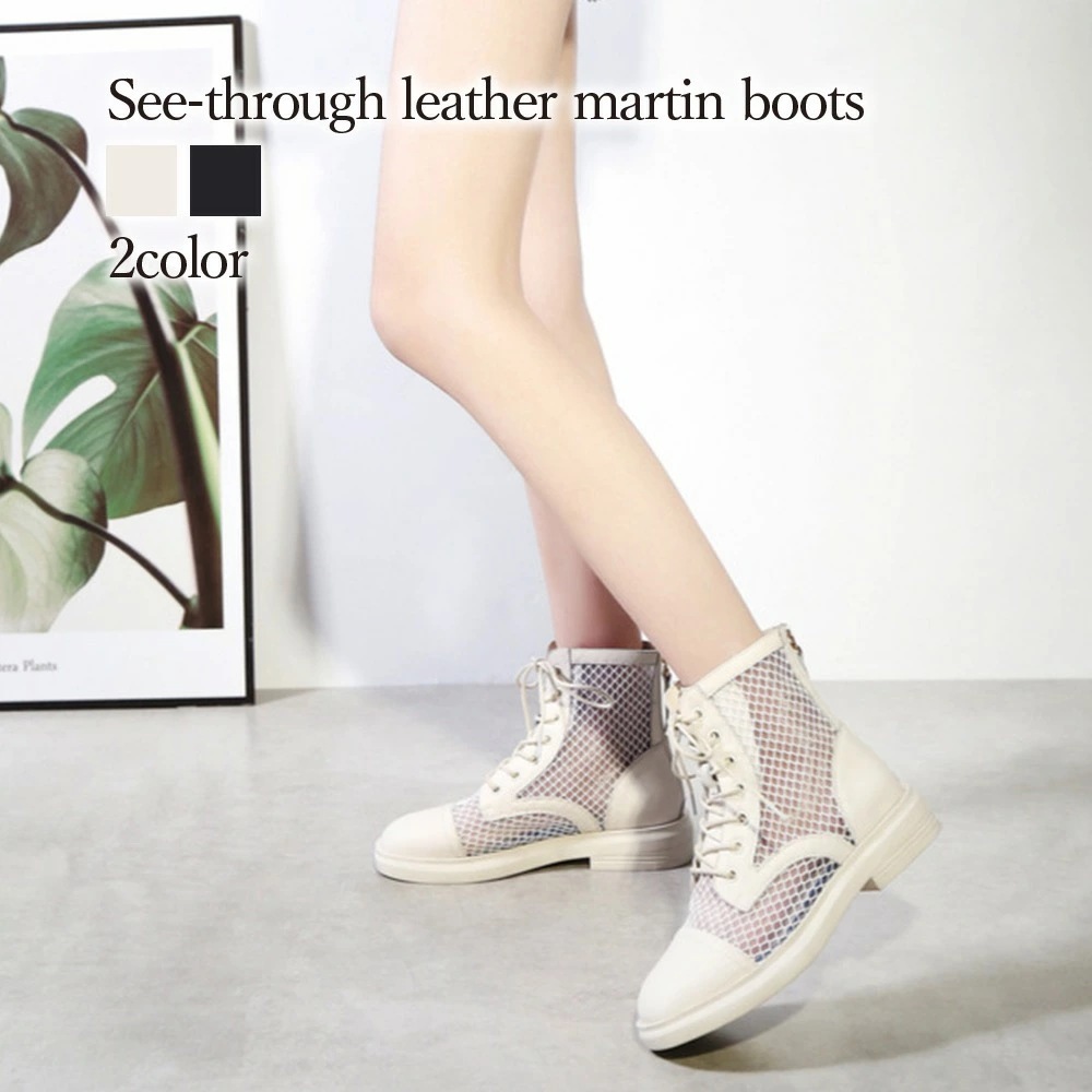 ブーツ レディース シースルーレザーブーツ ミドル レースアップ ウォーキング レザー 靴 ショート 軽量 撥水 防寒 厚底 歩きやすい 滑らない おしゃれ 本革 革 スニーカー 4E ロング 軽い