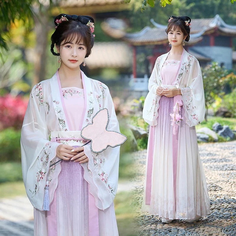 春夏清南北朝大きく刺繍された腰丈スカートと大きな袖のスリーピース漢服中国風ハロウィンクリスマスパーティー仮装30%までに制限