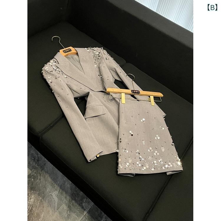 ドレス　パーティー　レディース の 商品 重厚の グレーの スーツ スカート ビーズスパンコール ファッション ショート ツーピース B 10000 13,241円