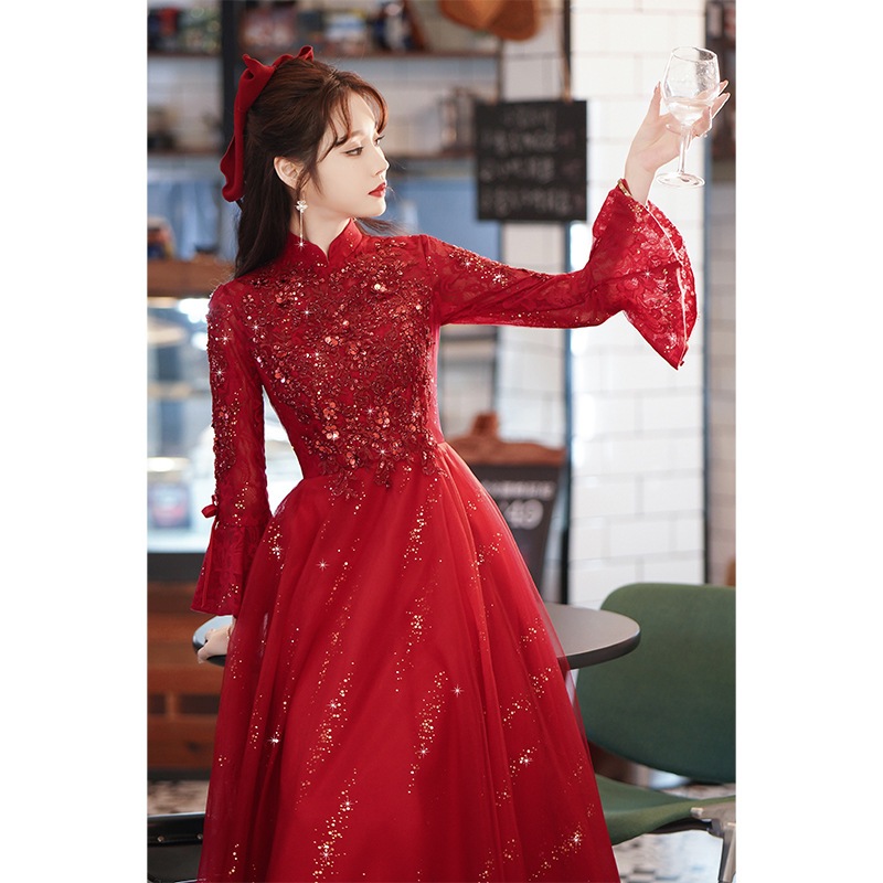 【2枚購入で 3oo円OFF】ドレス花嫁2025冬の赤い長袖秋と冬のハイエンドエンゲージメントウェディングドレススカート