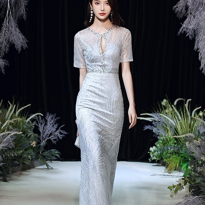 ドレス 衣装 イブニングドレス ロングドレス 半袖 胸元 セミフレア ロング丈 ウエストマーク ビジュー キラキラ マーメイドスカート ステージドレス 発表会 かわいい 大人可愛い きれいめ シンプル