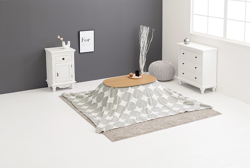 こたつセット こたつ うす掛布団 2点セット ナチュラル/グレー（丸） 90x50cm 木目調 楕円 北欧柄 折れ脚テーブル オールシーズン コタツ テーブル