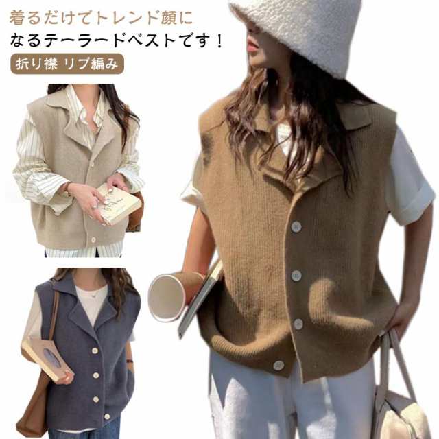 【2025新作SALE】テーラーカラー 折り襟 冬 Vネック リブ編み リブニット ベスト 秋 レディース ニットベスト 通学 ニット トップス ノースリーブ セーター 羽織り ルーズ レイヤード