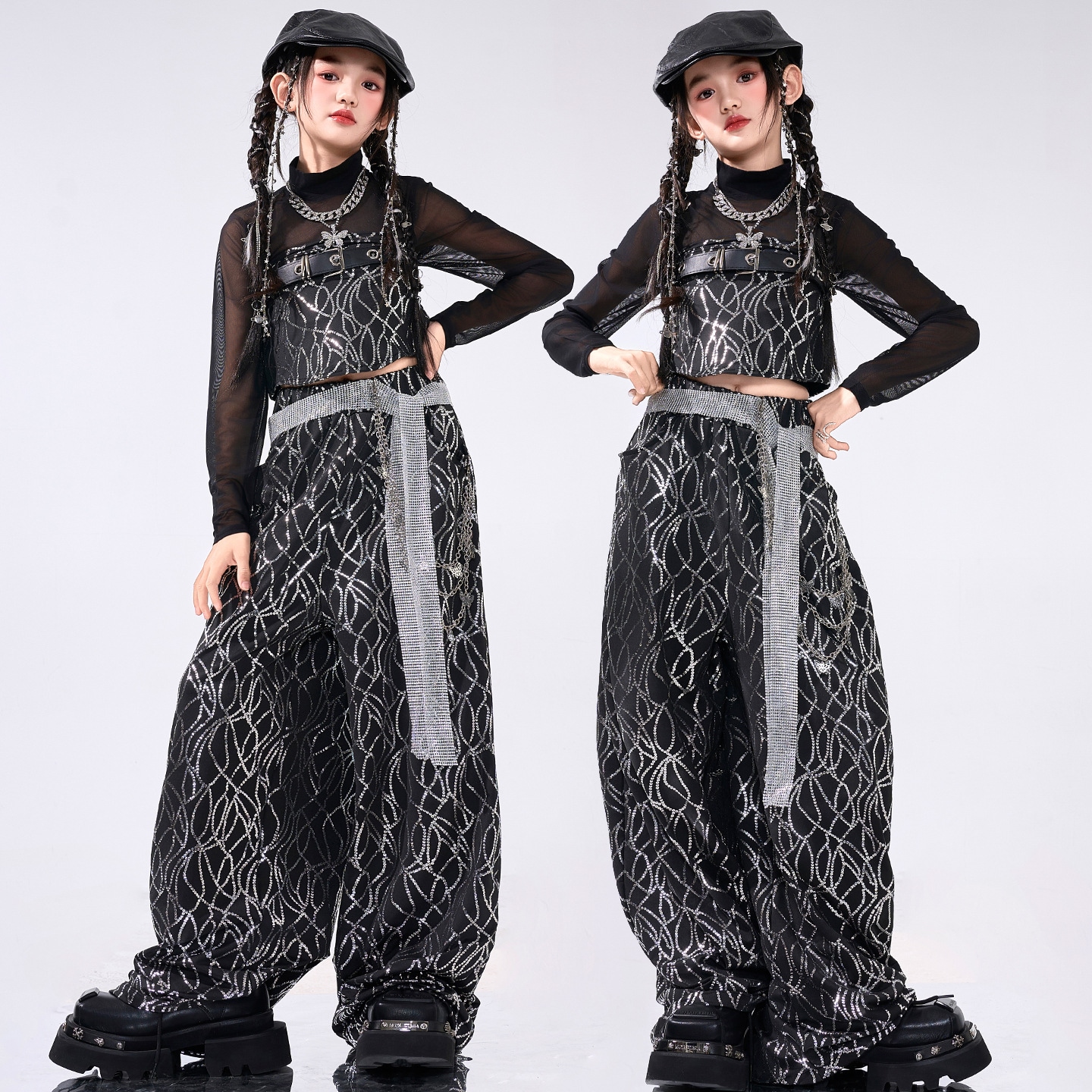 クールガール クロップトップス 女の子用ジャズダンス衣装子供用ジャズ・ストリートダンスパフォーマンス衣装ファッショナブルでクールなファッションショー女子グループの甘辛スタイル秋のパフォーマンス