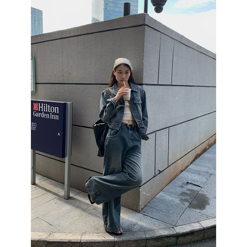 2023レトロスタイルスーツデニムジャケットスリムワイドレッグパンツ2点セット女性