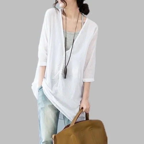 1394. Vネックロングシャツ（ホワイト） 2019 春夏 sale ワンピース プルオーバー トップス ブラウス チュニック 女子会 通学 通勤