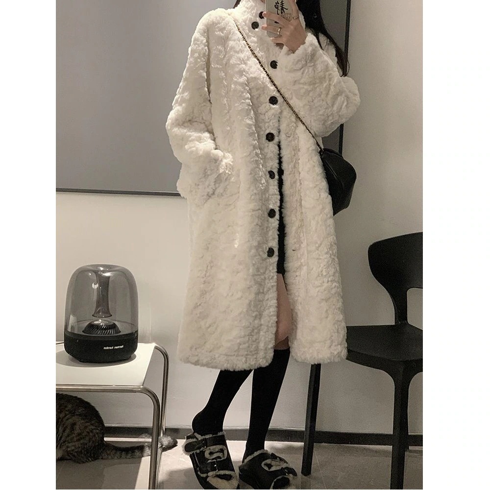 膝丈 韓国ファッション 女性用秋冬ラムウールコート 韓国版 冬アウター ミドル丈 スタンドカラー コットン 厚みのある豪華なウールコートコート チェスターコート